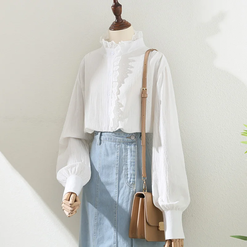 

Lace White Women Shirts Summer New Design Lantern Sleeved Elegant Office Lady Outwear Coats Tops