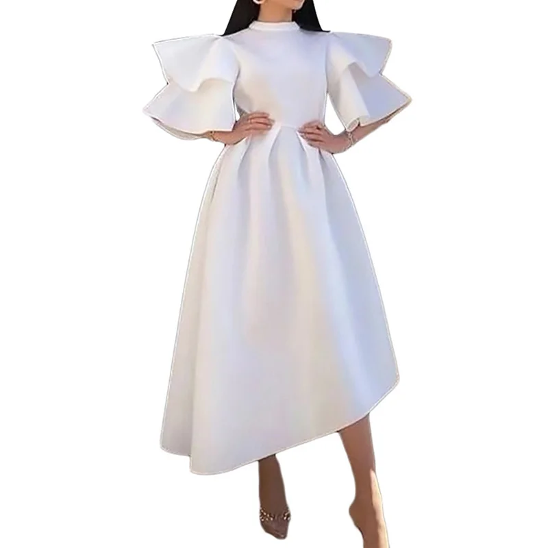 Summer Clothes for Women Solid Color Round Neck Patchwork Double-deck Ruffle Half Sleeve Zipper Plus Size Elegant Party Dress