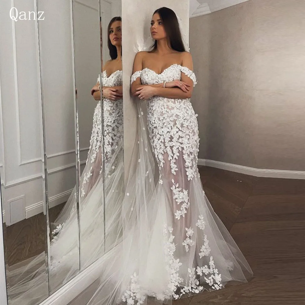 

Qanz Tulle Wedding Dresses Off The Shoulder Sweetheart Bridal Gowns Vintage Lace Appliques Mermaid Country Vestidos Femenino