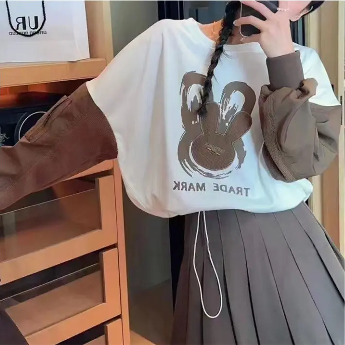 Dropped Shoulder Sleeves Hoodies Pullover Fall American Cartoon Rabbit Loose Slimming Patchwork Long-Sleeved T-Shirt For Women