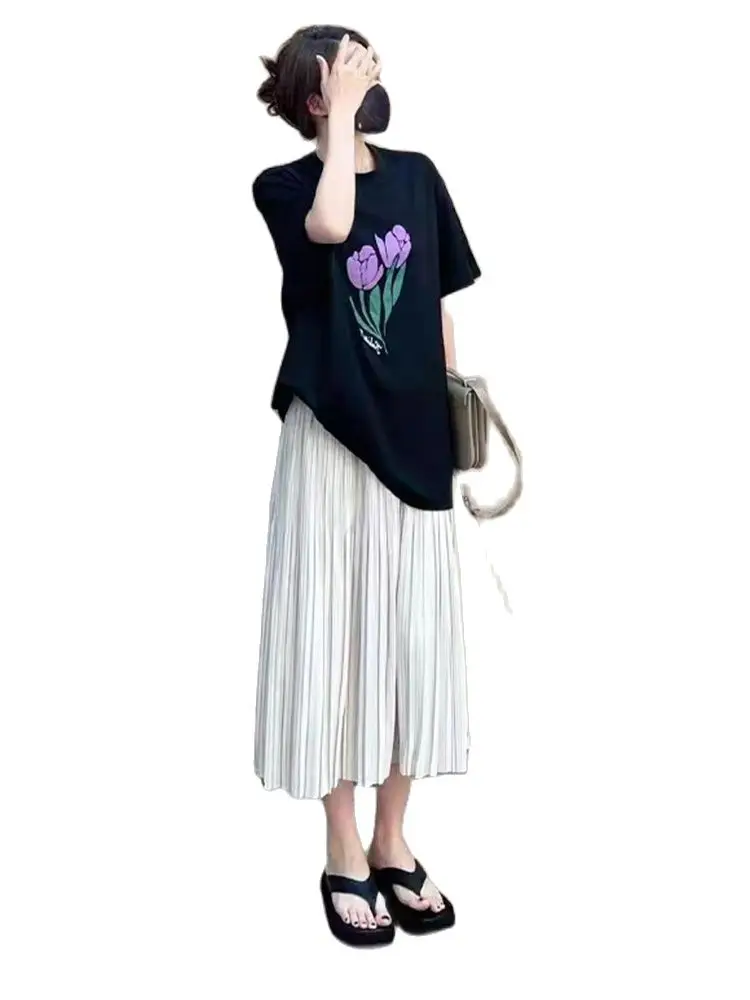 Plus Size Maternity Clothes Set for Summer Short Sleeve Black Top+pleated Skirts Two Pieces Suits Pregnant Woman Skirt Twinset