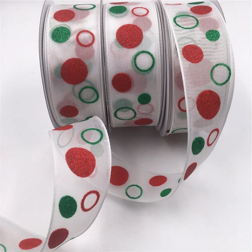 

38MM 25Yards Organza Ribbon with Red Green Circle Wired Edge for Birthday Decoration Chirstmas Gift DIY Wrapping 1-1/2" N2224