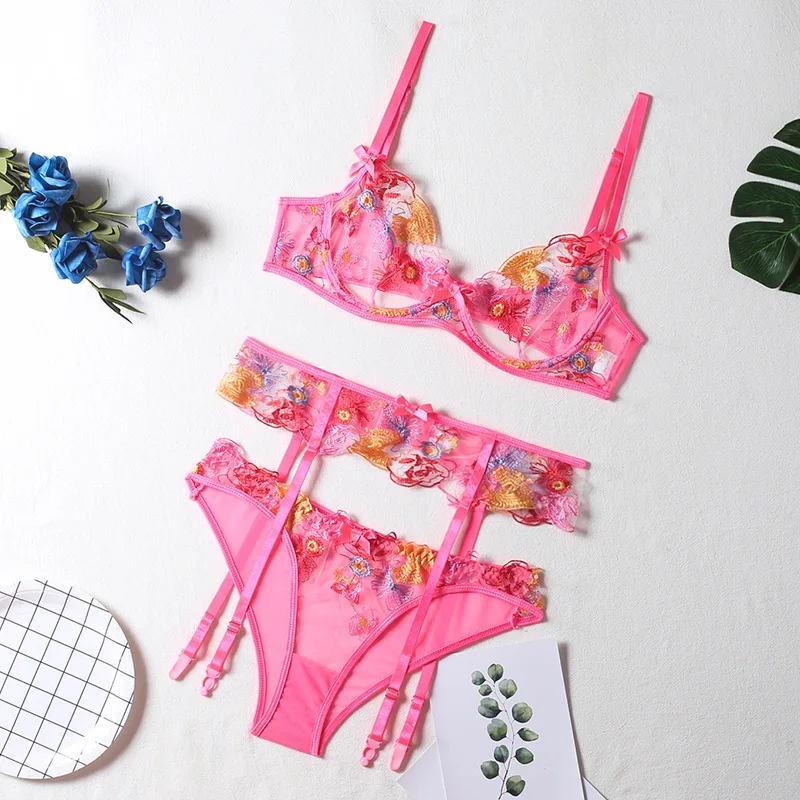 bra and underwear set Embroidery Floral Erotic Lingerie Women Thin Lace Transparent Push up Bra Set Sexy Bra+Garters+Thong 3 Pcs Exotic Underwear Sets sexy bra set