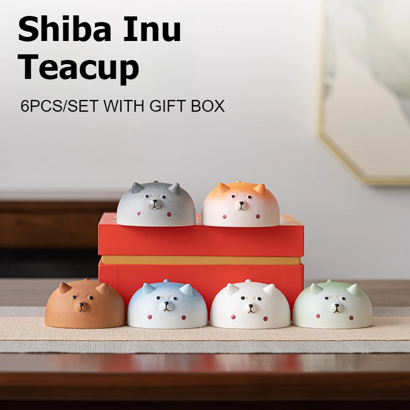 1-6pcs Shiba Inu Series Teacups Ceramic Tea Cups Chinese Kungfu Gongfu Teacup Cute Puppy Household Drinkware Teaware Gift Box