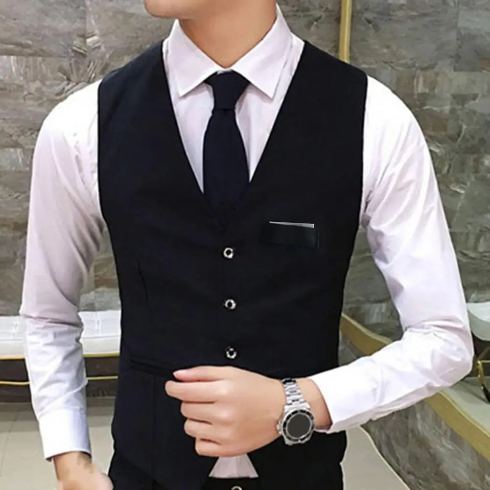Gentle Men Formal Vest Sleeveless Pocket Single-Breasted Waistcoat Classic Black Suit Vest Men Business Wedding Tank Top dress vests