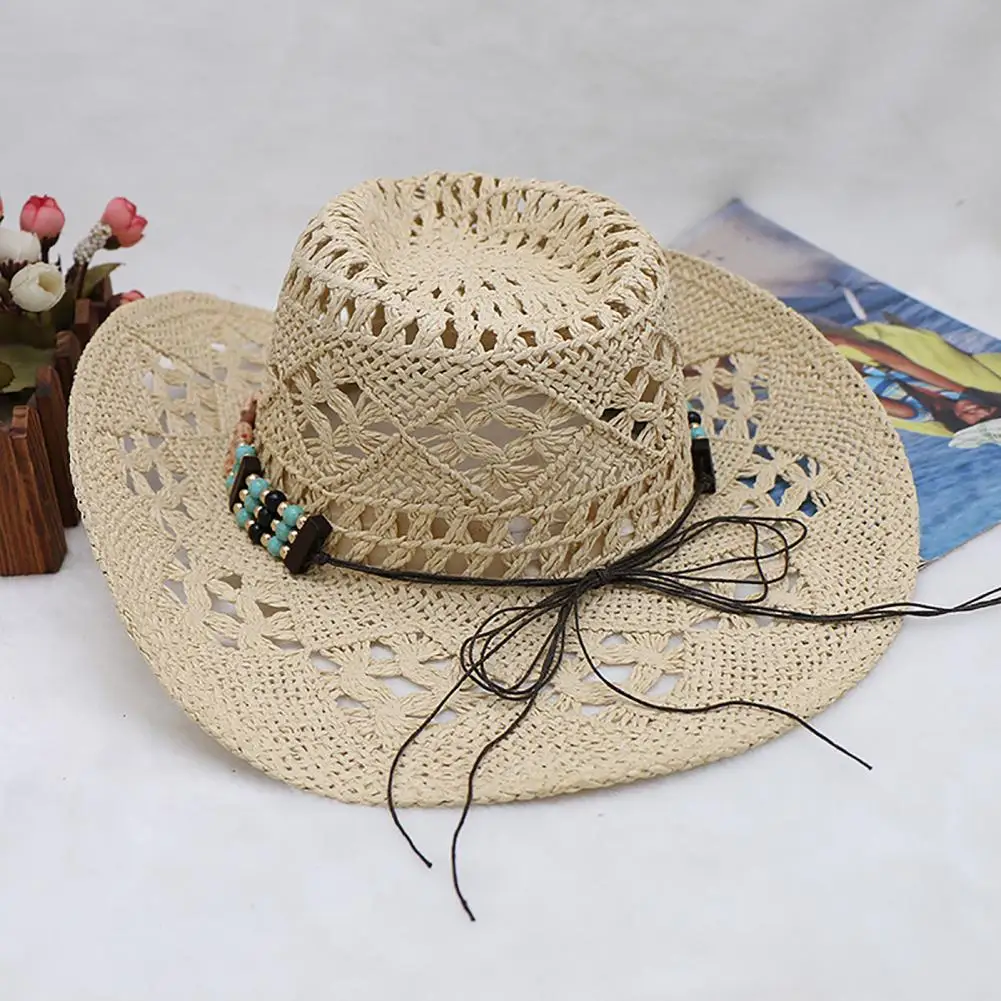 Unisex Straw Cowboy Hat with Decorative Bands Hollow Breathable Design Ultralight Cowgirl Woven Sun Hat