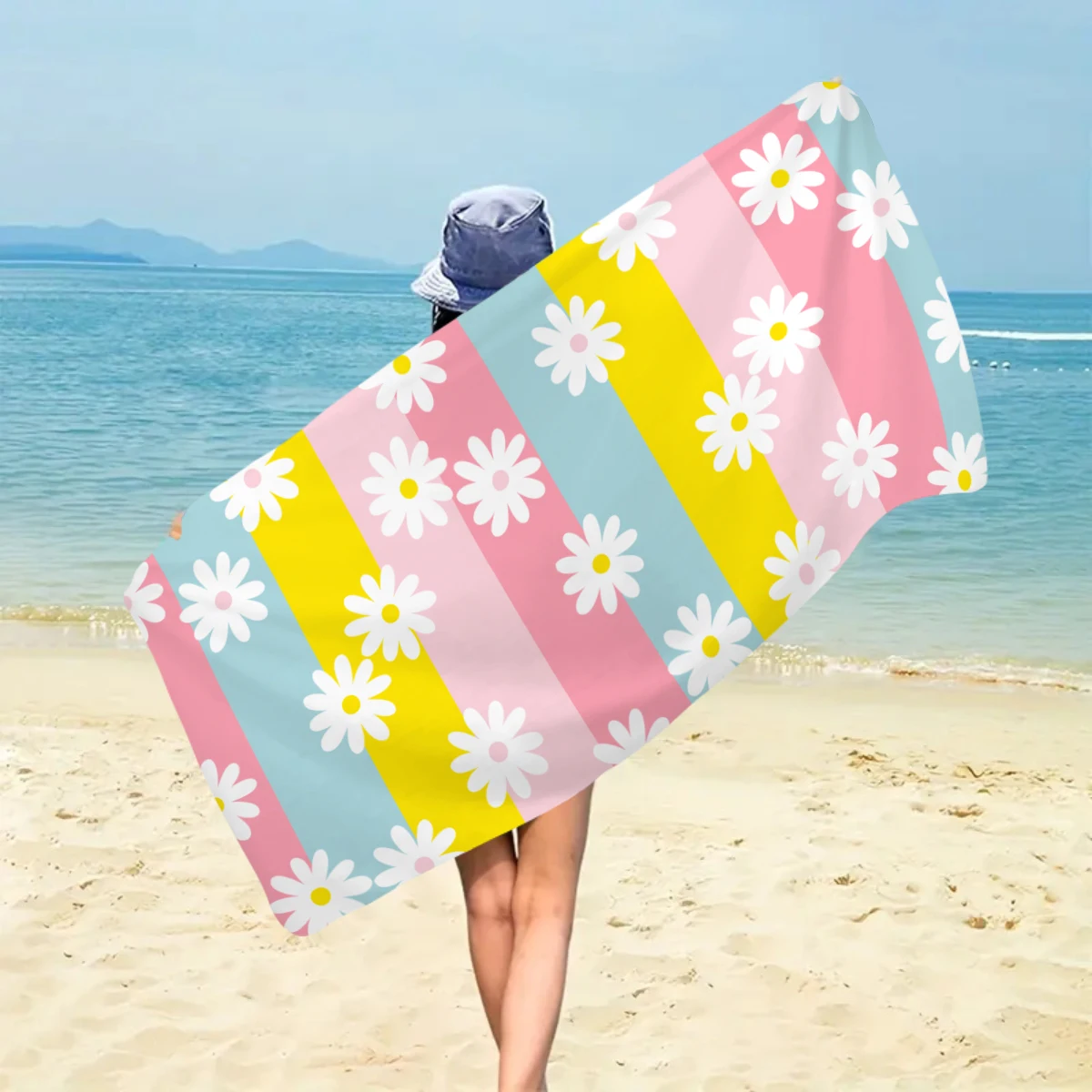 1pc Bohemian Large Beach Towel, Striped Flower Love Printed Bath Towel, Outdoor Swimming, Vacation, Camping Beach Towel_voghion.com