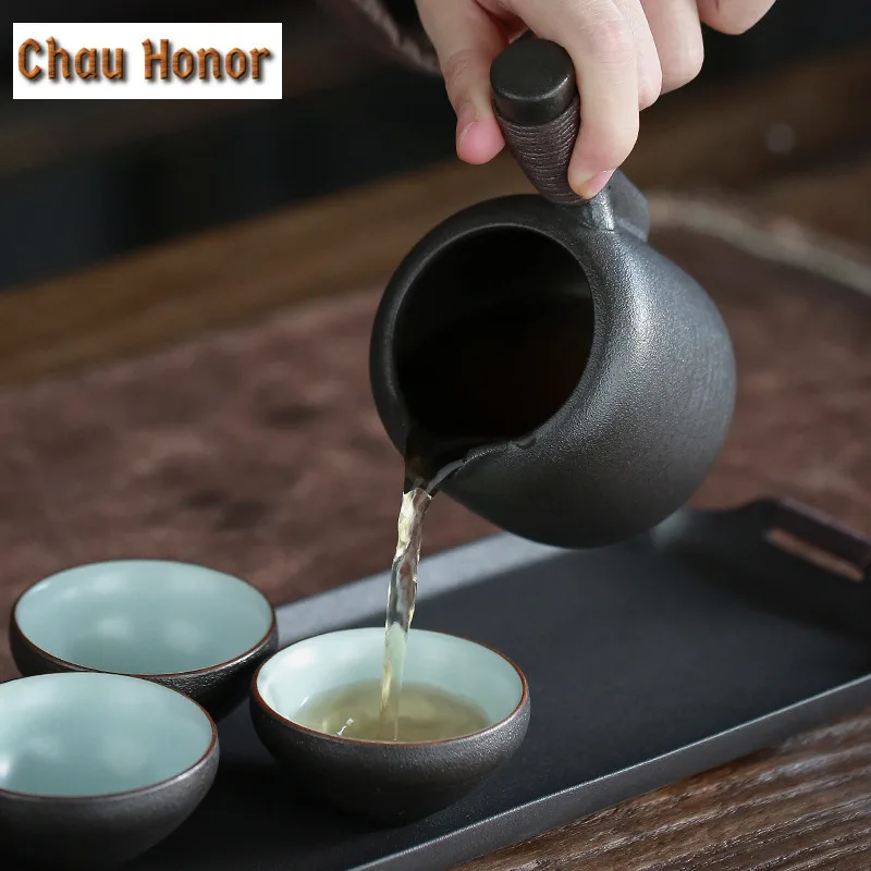 300ml Japanese Style Black Pottery Side Handle Fair Cup Coarse Pottery Tea Dispenser Ceramic Chinese Kung Fu Tea Set Accessories