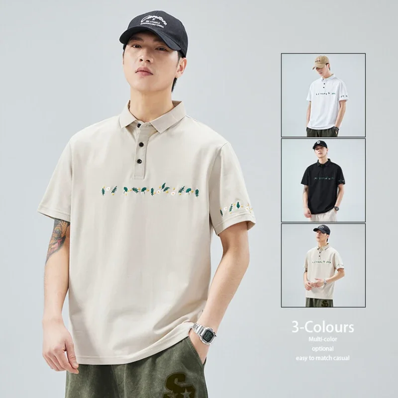 

Мужская свободная рубашка-поло с вышивкой, Повседневная модная футболка, хлопковый топ с отворотом и коротким рукавом