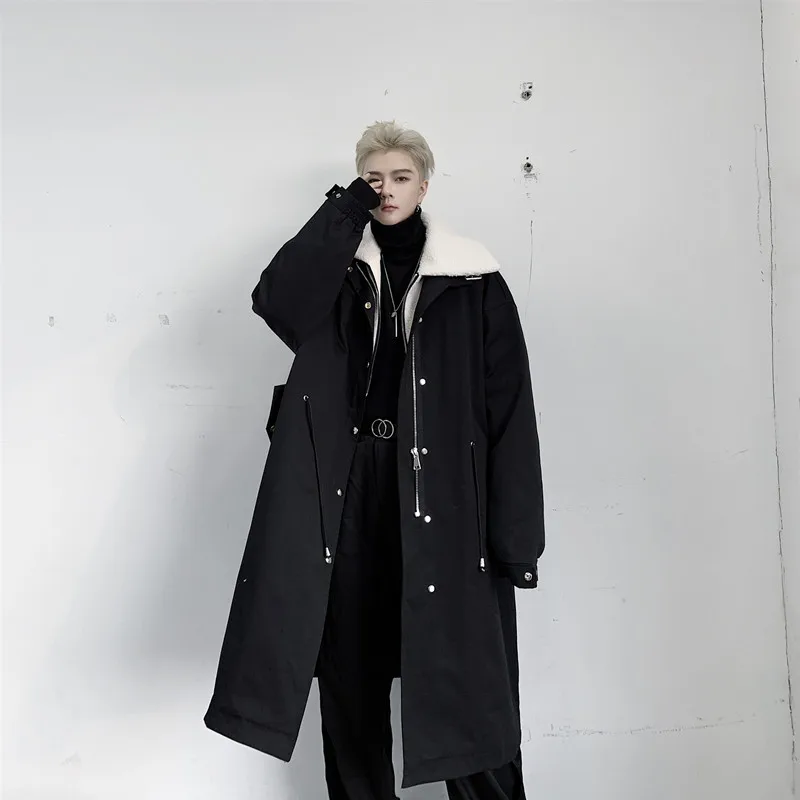 

Men Winter Splice Lambswool Collar Loose Long Parka Overcoat Cotton Padded Trench Coat Male Streetwear Vintage Jacket Outerwear