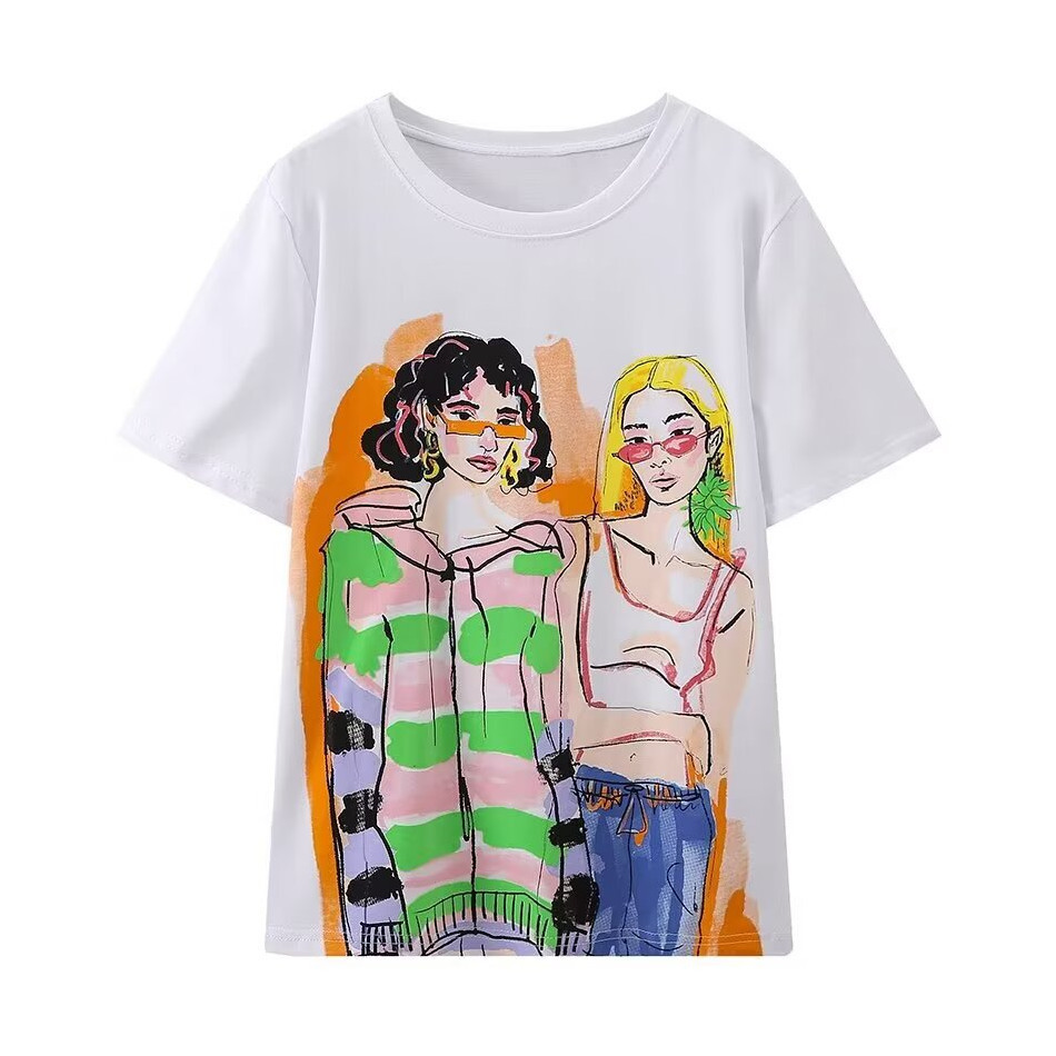 PB&ZA2025 Summer New Products Women's Classic Commuting Versatile Girls Printed Round Neck T-Shirt 1131/341