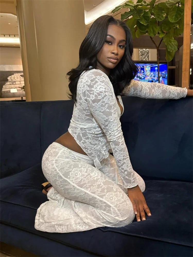 Wmstar Two Piece Set Women Sexy Lace Mesh  Hollow Out Top and Flared Pants Sets Club Outfits Matching Wholesale Dropshipping