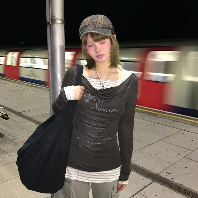 Karrram Japanese Y2k Fake Two-piece Tops 2000s Style Letter Print Long Sleeve T-shirt Vintage Harajuku Patchwork Tops Korean 90s 5