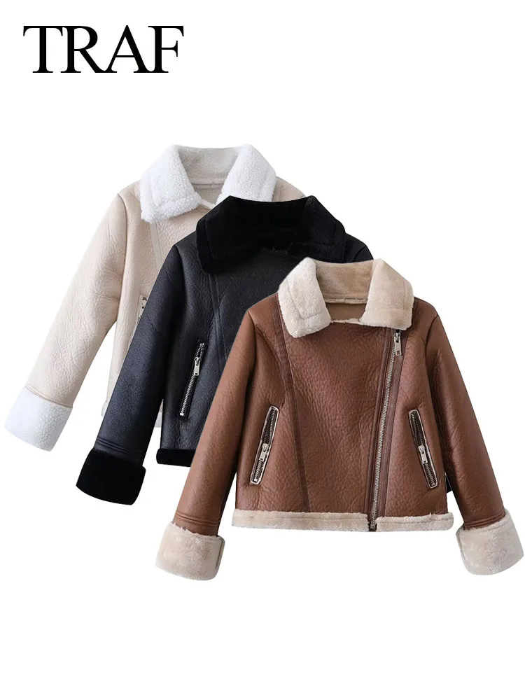 

TRAF 2023 Female Streetwear Style Jackets Solid Color Turn-Down Collar Pockets Long Sleeve Zipper Women's Winter Thermal Clothes