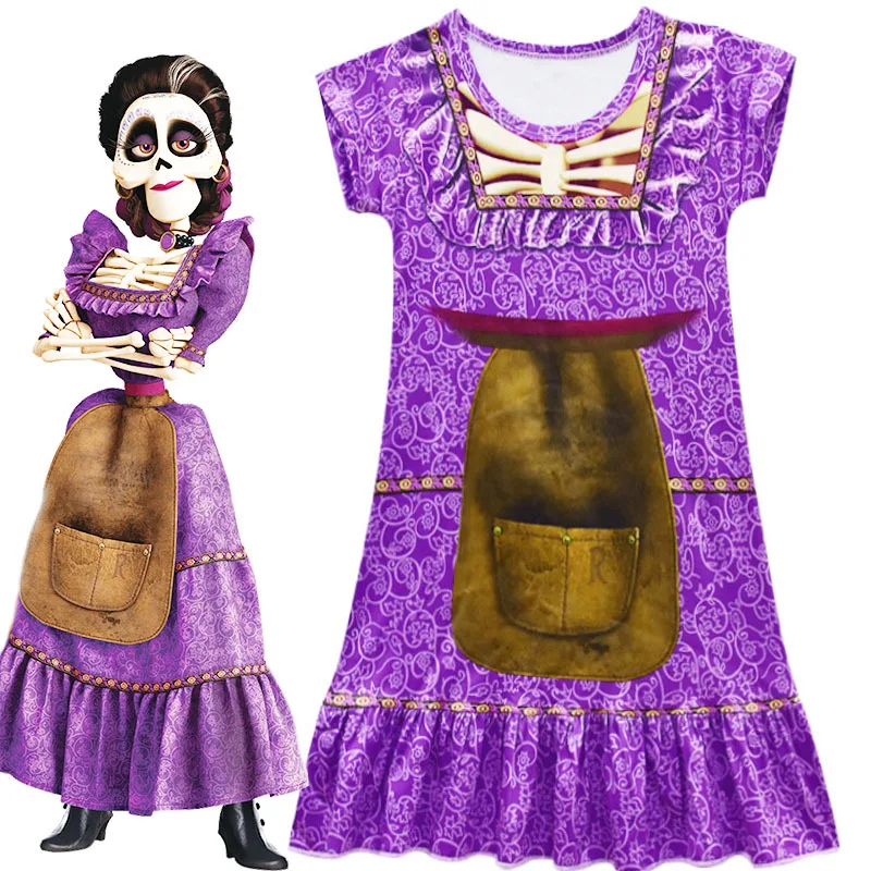 Jannoyra Coco Mama Imelda Cosplay Purple Skeleton Maxi Dress Women Miguel Mama Imelda Halloween Retro Apron Victorian Dresses
