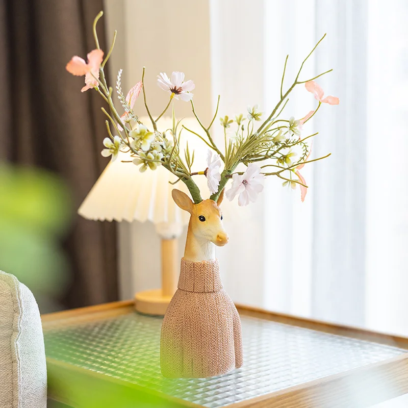 Resin Handicraft Cartoon Deer Flower Vase Floral Arrangement Accessories Artificial Animal Sculpture Home Decoration Accessories 5