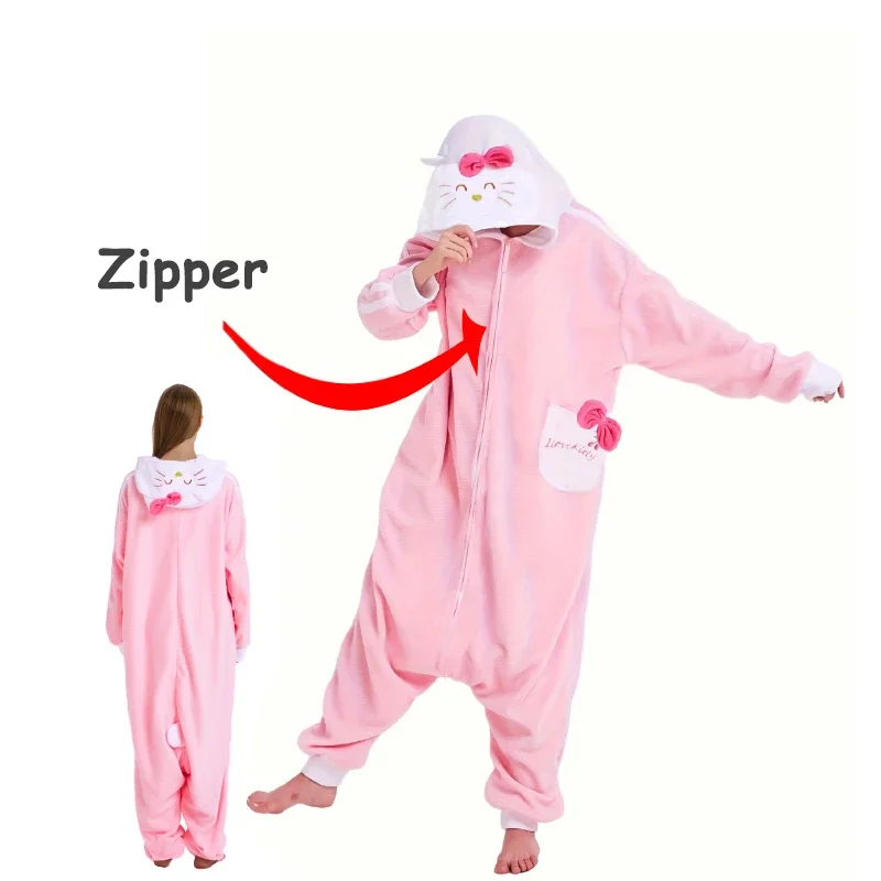 

Adult Zipper Cute Pink Hello Cat Onesie One-Pice Pajamas Women Cosplay Costume Unisex Halloween Kigurumi Cartoon Party Jumpsuit