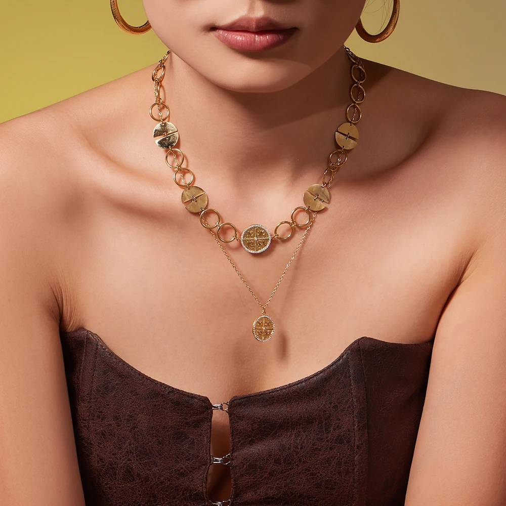 Kreisförmige Halskette mit Kettenanhänger für Damen, Edelstahl, 18 Karat vergoldet, funkelndes Zirkon-Armband, Damen-Modeschmuck-Set – Detail 4