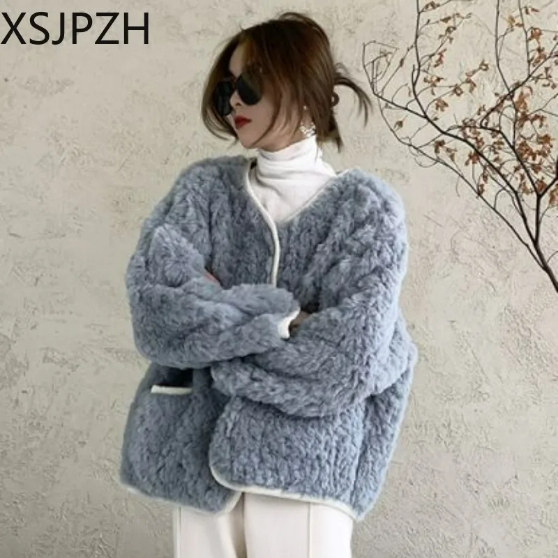 

Женское пальто из овечьей шерсти, Женская куртка, шуба с круглым вырезом, короткая верхняя одежда, женское модное пальто, Экологически чистая зима, новинка 2023 года