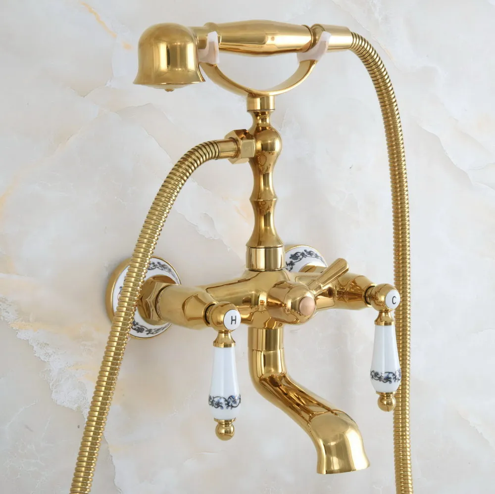 

Luxury Gold Color Brass Bathtub Shower Faucet Set Dual Handles Wall Mounted Bathtub Mixer with Handshower