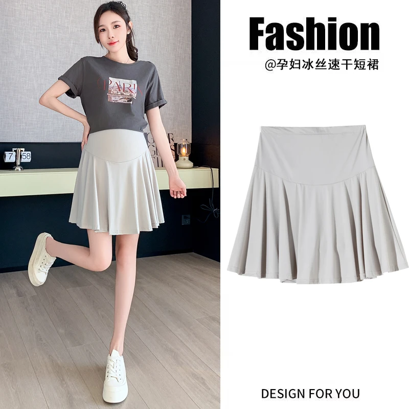 Summer Maternity Belly Skirts Solid Color Ice Silk Stretched Pregnant Woman Pleated Sport Skirt with Lining Short Skorts