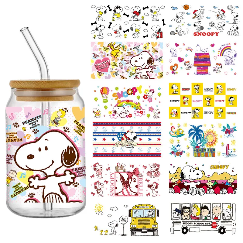 Snoopy-Envolturas de taza UV DTF de dibujos animados, pegatina de transferencia para botella de lata de vidrio, autoadhesivo lavable, bricolaje personalizado, moda, 16OZ