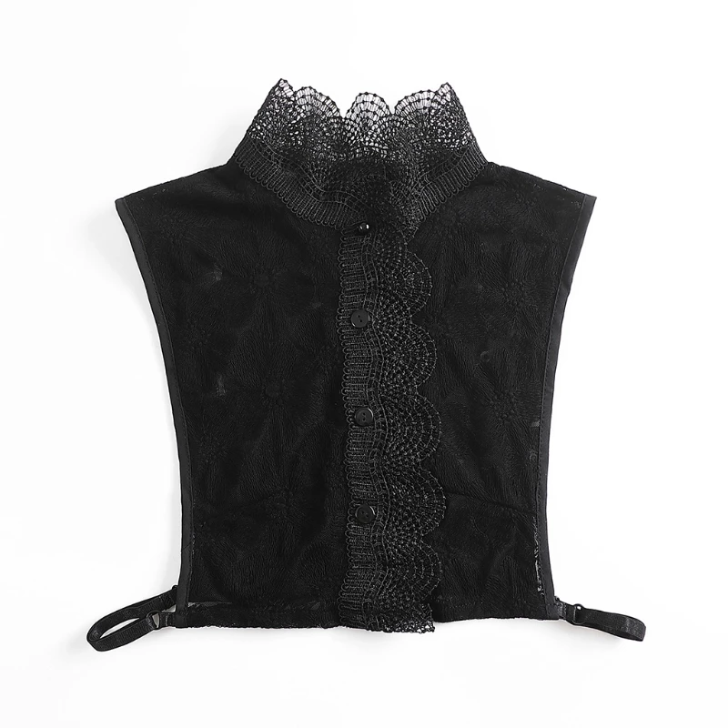 

Women European Vintage Black Half Shirt Floral Lace Splicing Detachable Dickey Hollow Out Ruffled Stand-up False Collar
