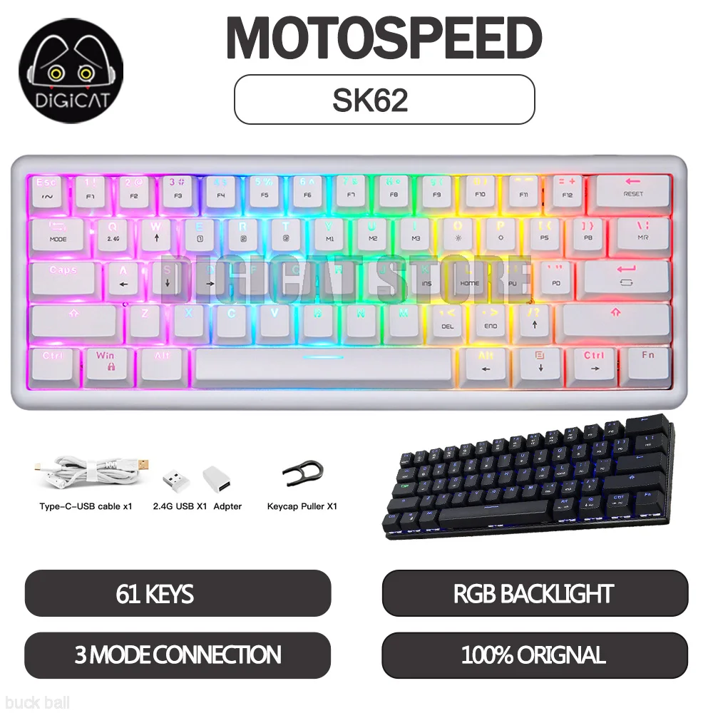 

Механическая игровая клавиатура MOTOSPEED SK62, 61 клавиша, 3 режима, 2,4 ГГц/USB/Bluetooth, беспроводная клавиатура, RGB подсветка, Игровая клавиатура, подарки