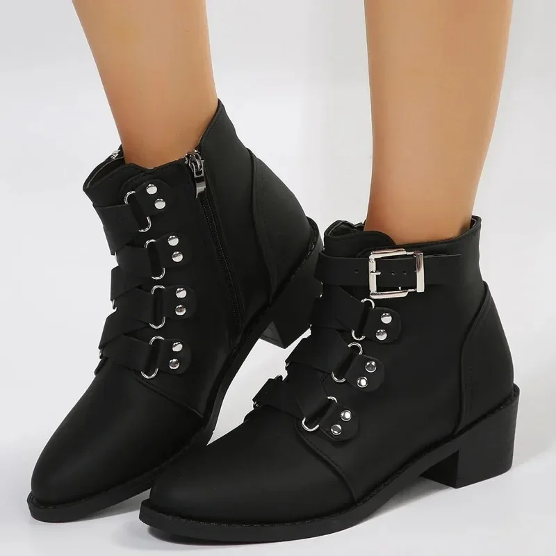 2023 NEW Chunky Heel Pointed Toe Short Leather Boots Women Zipper Buckle Medium Heels Knight Boot Women's Footwear Large Size 43