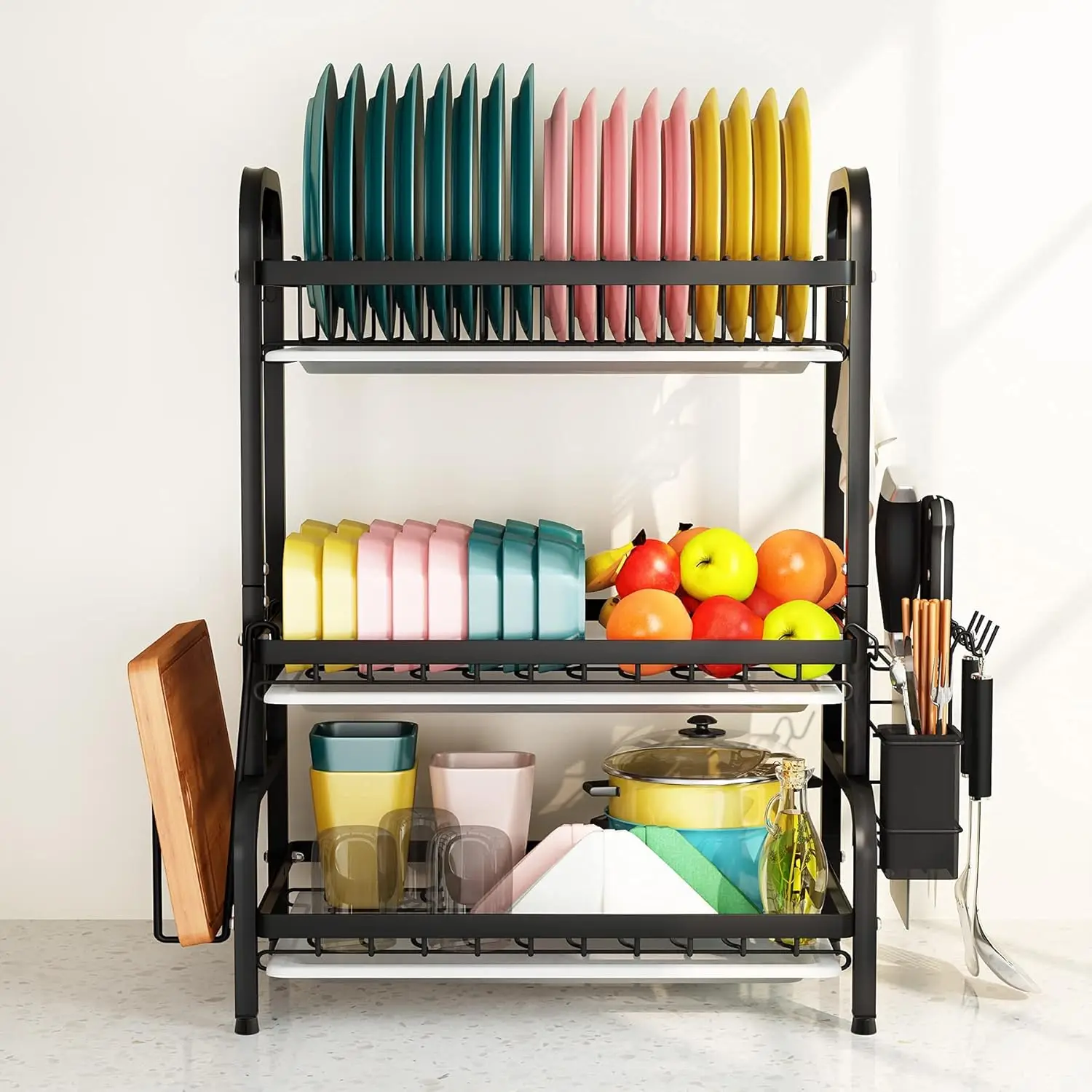 Drying Rack, Metal 3-Tier Large Capacity Dish Rack with Utensil Holder, Cutting Board Holder, Drain Board Tray