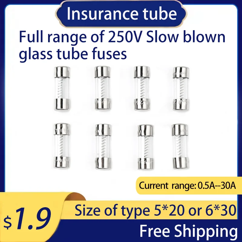Fusible de tube en verre à soufflage lent, spécifications à courant multiple, peut être mélangé, 5x20mm, 6x30mm, 0.5 A, 1 A, 23 A, 4 A, 5/6 A, 10 A, 15 A, 20 A, 30A, 10 pièces