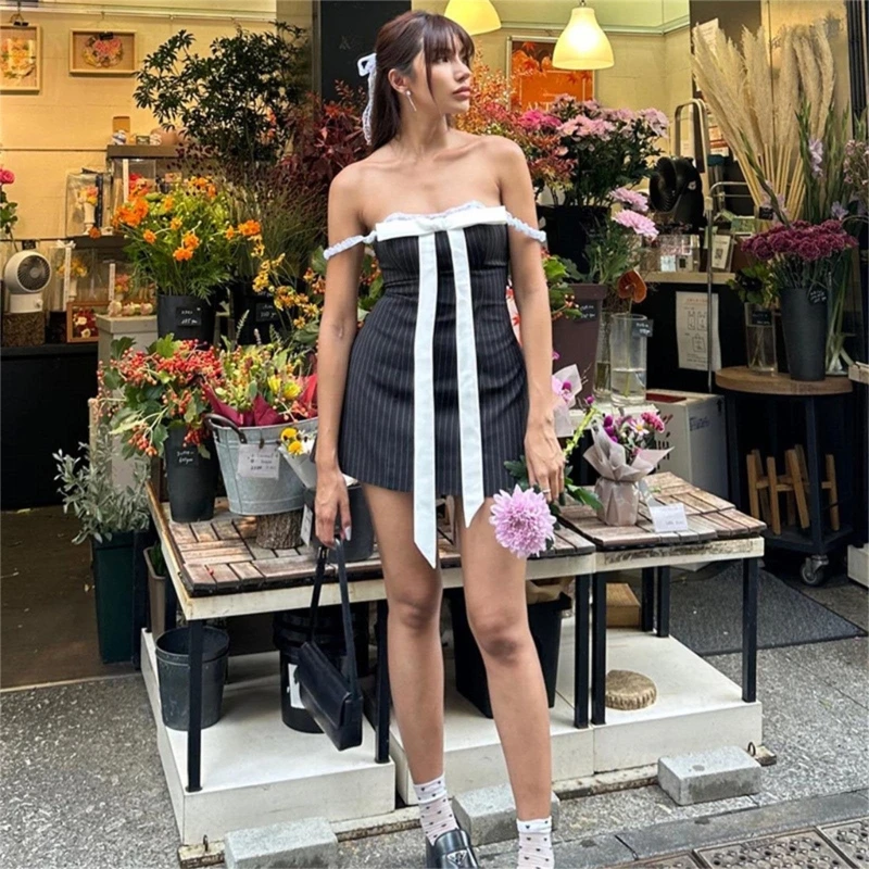 

Women Sexy Strapless Backless Striped Tube Top Dress Elegant Lace Bowknot Patchwork Off Shoulder Bodycon Mini Dress