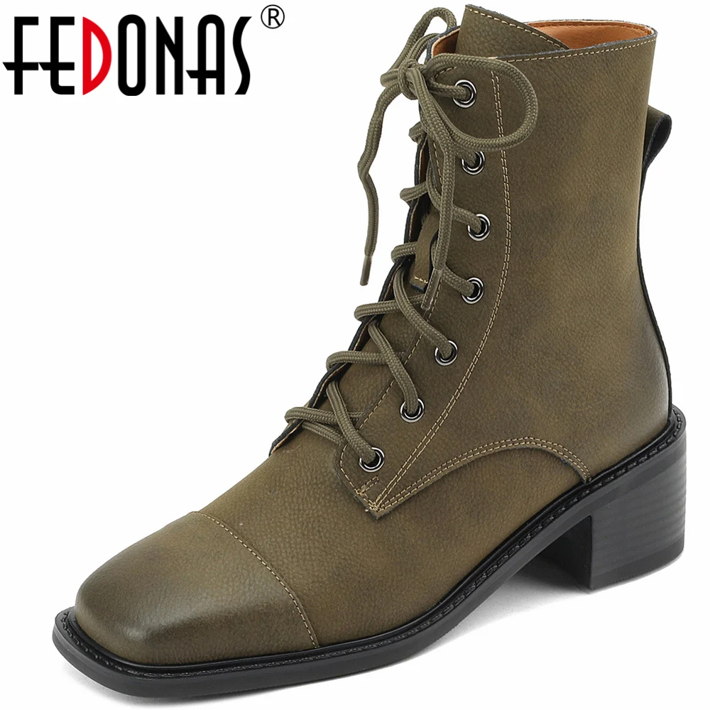 

FEDONAS Cross-Tied Women Short Boots Autumn Winter Genuine Leather Office Lady Square Toe Side Zipper Shoes Woman Ankle Boots