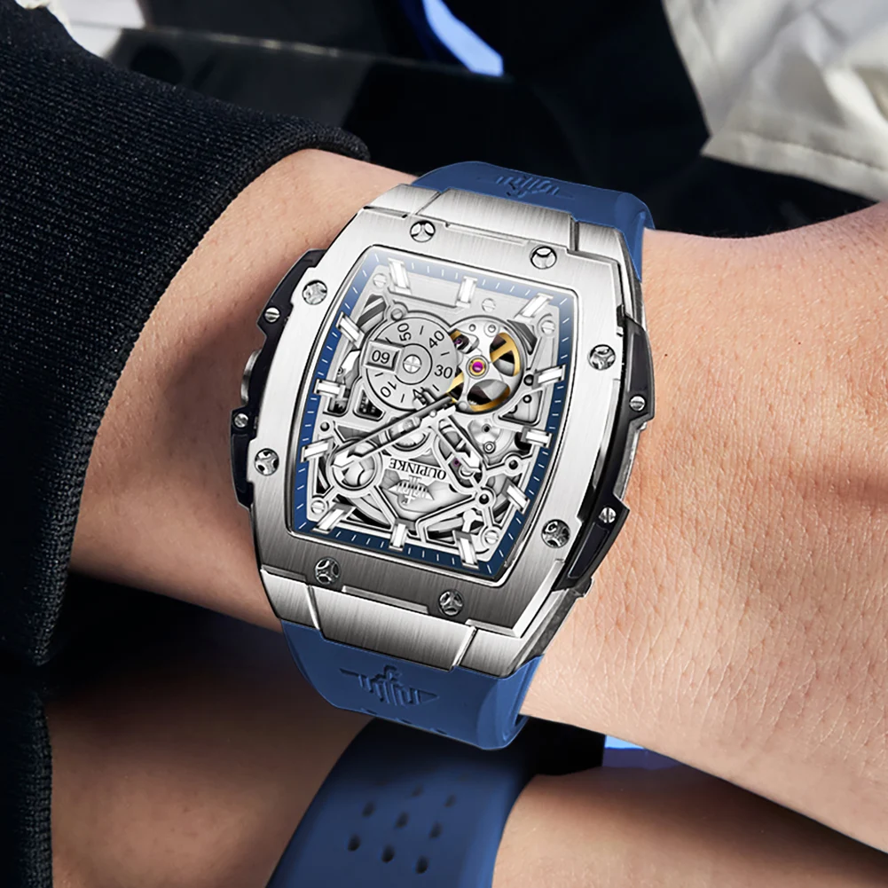 OUPINKE Original Brand Skeleton High Quality Automatic Watches for Men Silicone Luxury Mechanical Waterproof Tonneau Wristwatch