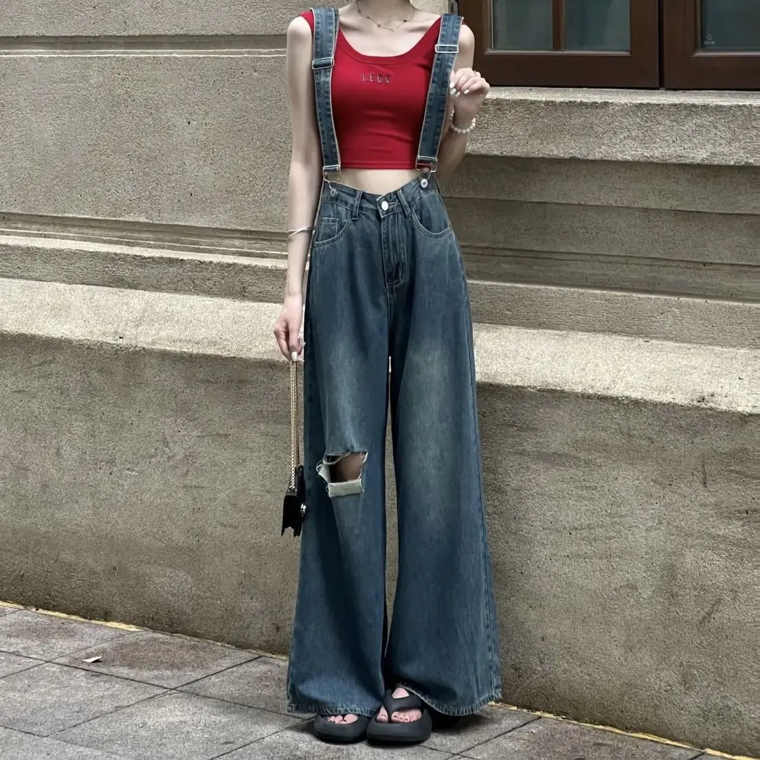 

Summer Distressed Jeans with Loose Wide Legs High Waist Straight Leg Design and Sense of Niche Women Pants with Shoulder Straps