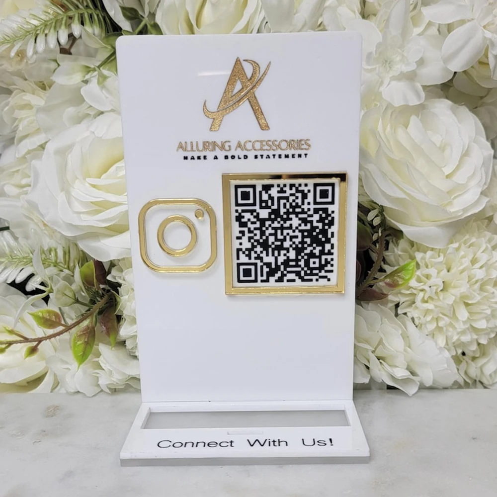Sinal de código qr acrílico para negócios, instagram, facebook, mídia social, salão de beleza, suporte de cartão incluído, placa decorativa transparente