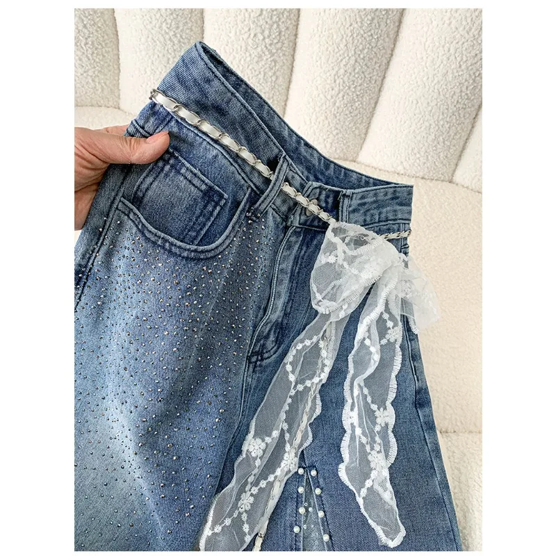 Jeans Y2K Baggy pour Femme, Printemps, avec Appliques en Dentelle, Cloutés de Cristaux, Denim Effiloché, Décorations de Perles, Coupe Évasée à Fente Haute