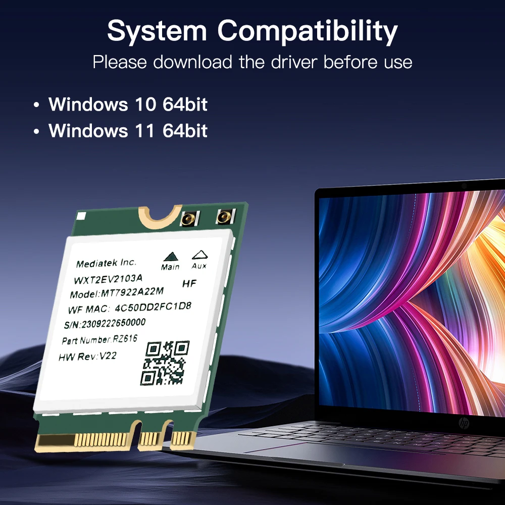 MT7922, M.2, Cartão 5374Mbps, Bluetooth 5.2, 802.11ax,