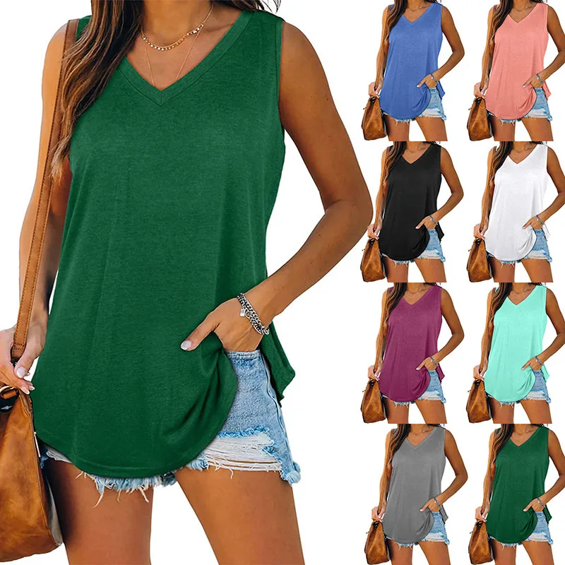 

Summer New V-neck Solid Color Vest T Shirt Women 2022 Fashion V Neck Streetwear Casual Loose Tops Female Sleeveless Tee Tank
