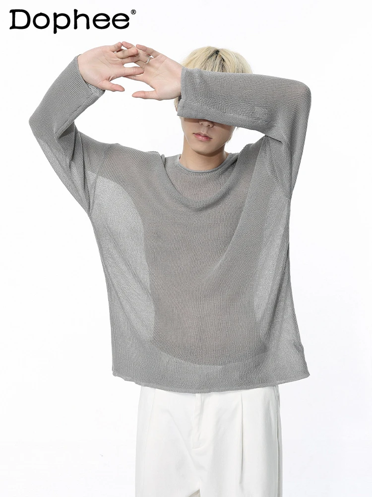 

2024 Summer Multi-Color Long-Sleeved Sweaters Thin Semi-Transparent Hollow Personality Trendy Men's Knitted Bottoming Shirt