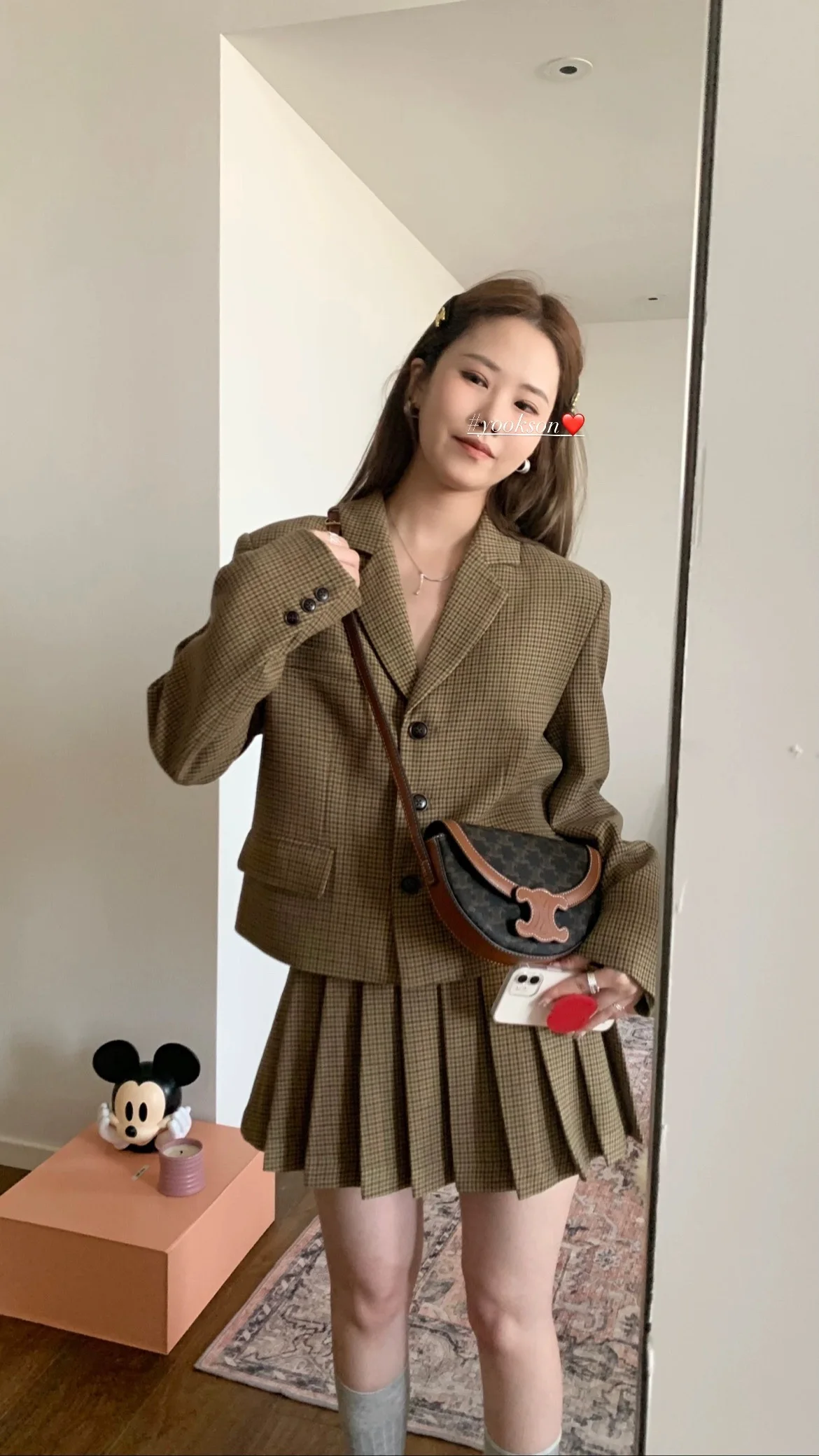 

Woman's Autumn Vintage Houndstooth Plaid Blazer Pleated Skirt Suit British Academic Style Short Coat Mini Skirt Two-piece Sets