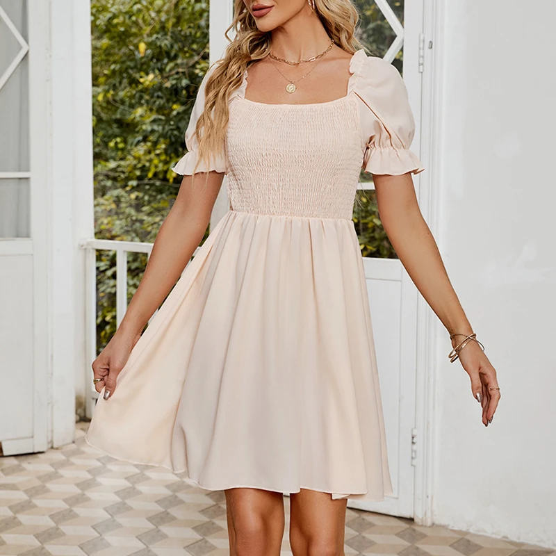 

Элегантное эластичное платье с коротким рукавом-бабочкой, милое летнее Мини-Платье на шнуровке с квадратным вырезом, повседневное однотонное эластичное платье 2023, 25540