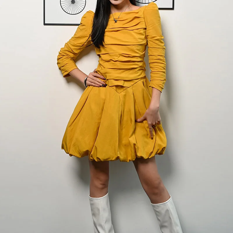 

Women's Fashion Solid Color Ruched Dresses Elegant Slash-Neck Puff Sleeve Collect Waist Banquet Evening Mini Dress Early Spring