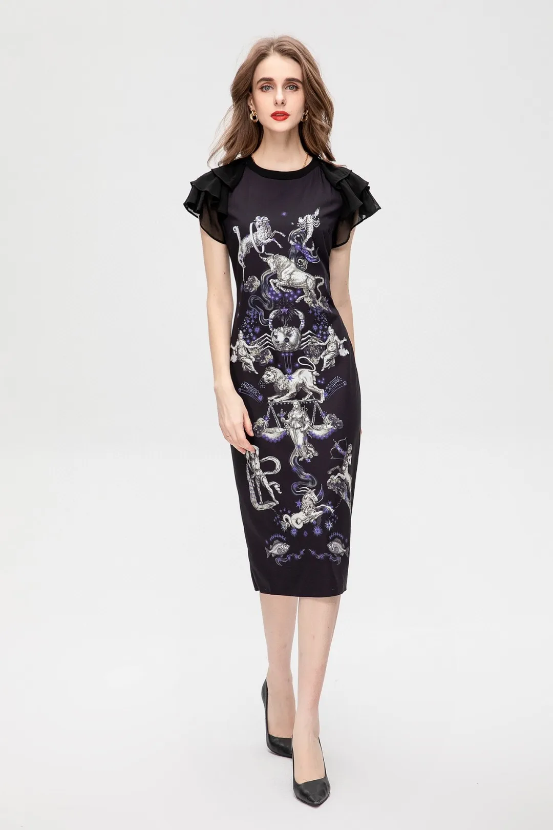 

Fashion Summer Dress Women Beading Slim Black Vintage Party Midi Dress With O-Neck Butterfly Sleeve 2023 High Quality