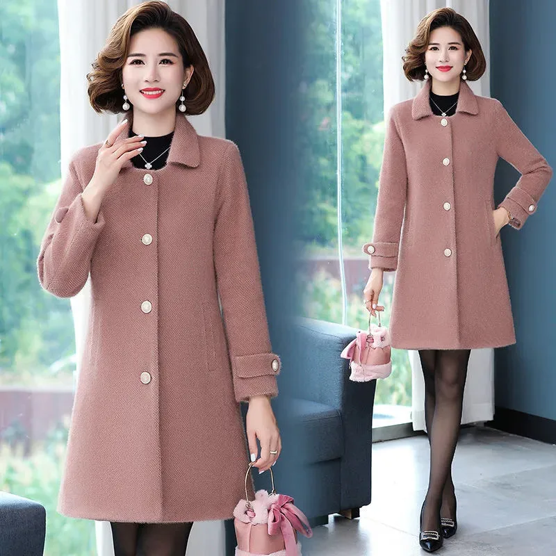 

Autumn Winter Woolen Windbreaker Women Long New Lmitation Mink Velvet Overcoat Fashion Coats Single-Breasted Elegant Outerwear