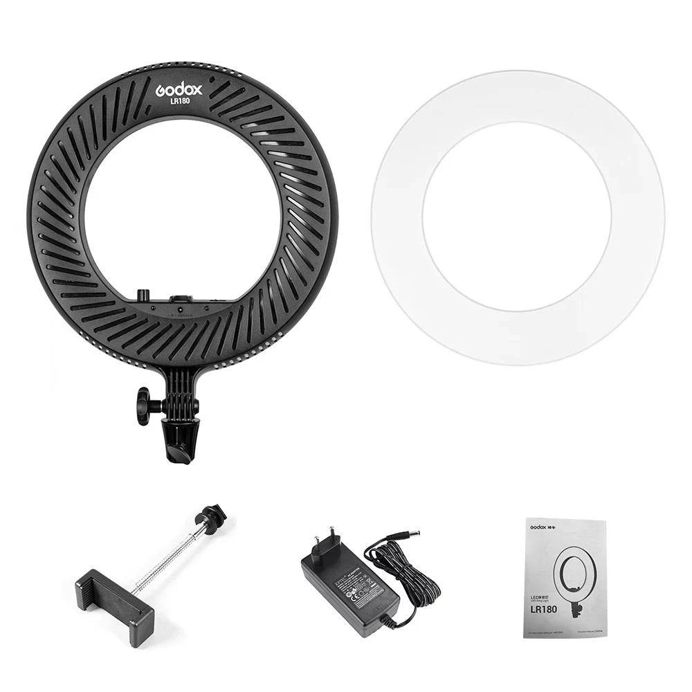 Godox LR180 Ring LED Video Light Cold Color Temperature with White Light-passing Board Phone Holder CRI 92 TLCI 97 27W