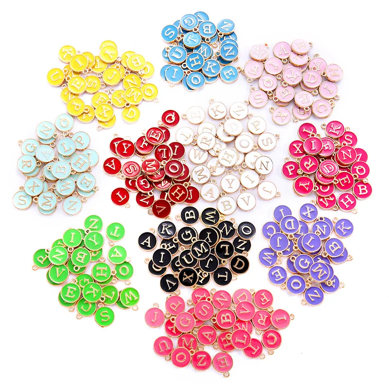 

8 Colors 52pcs 2 sets A-Z Initial Enamel Alloy Round English Letters Charms 12*15mm Oil Drop Alphabet Letters Bracelet Pendants