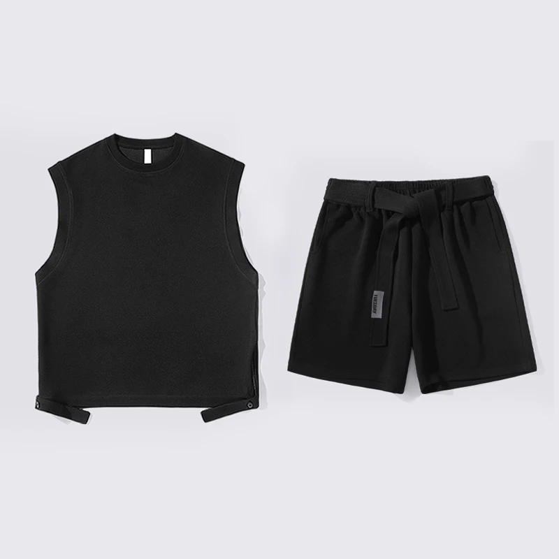 Elegant Fashion Harajuku Slim Fit Male Clothes Loose Casual All Match Sport Shorts Solid O Neck Sleeveless Tshirts Two Piece Set