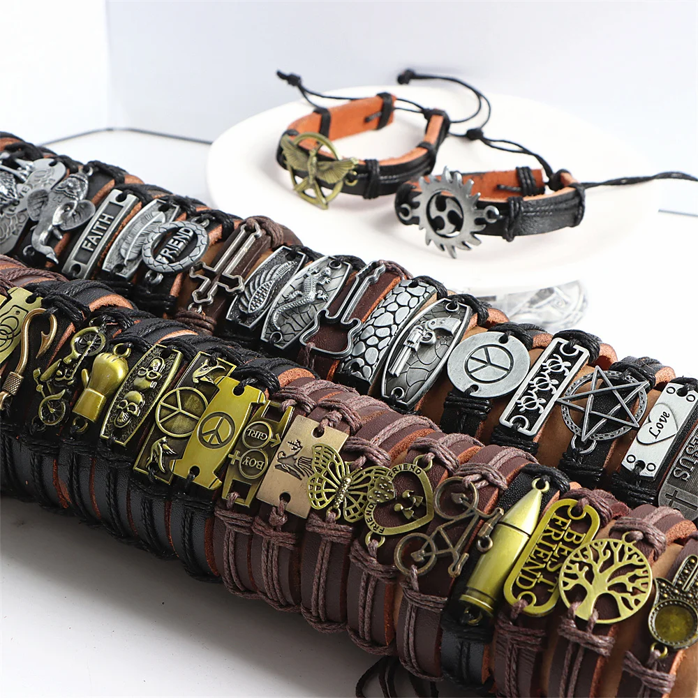 Leather Bracelets 10Pcs/Lot Vintage Metal Charm Star Shaped Women's and Men's Jewelry