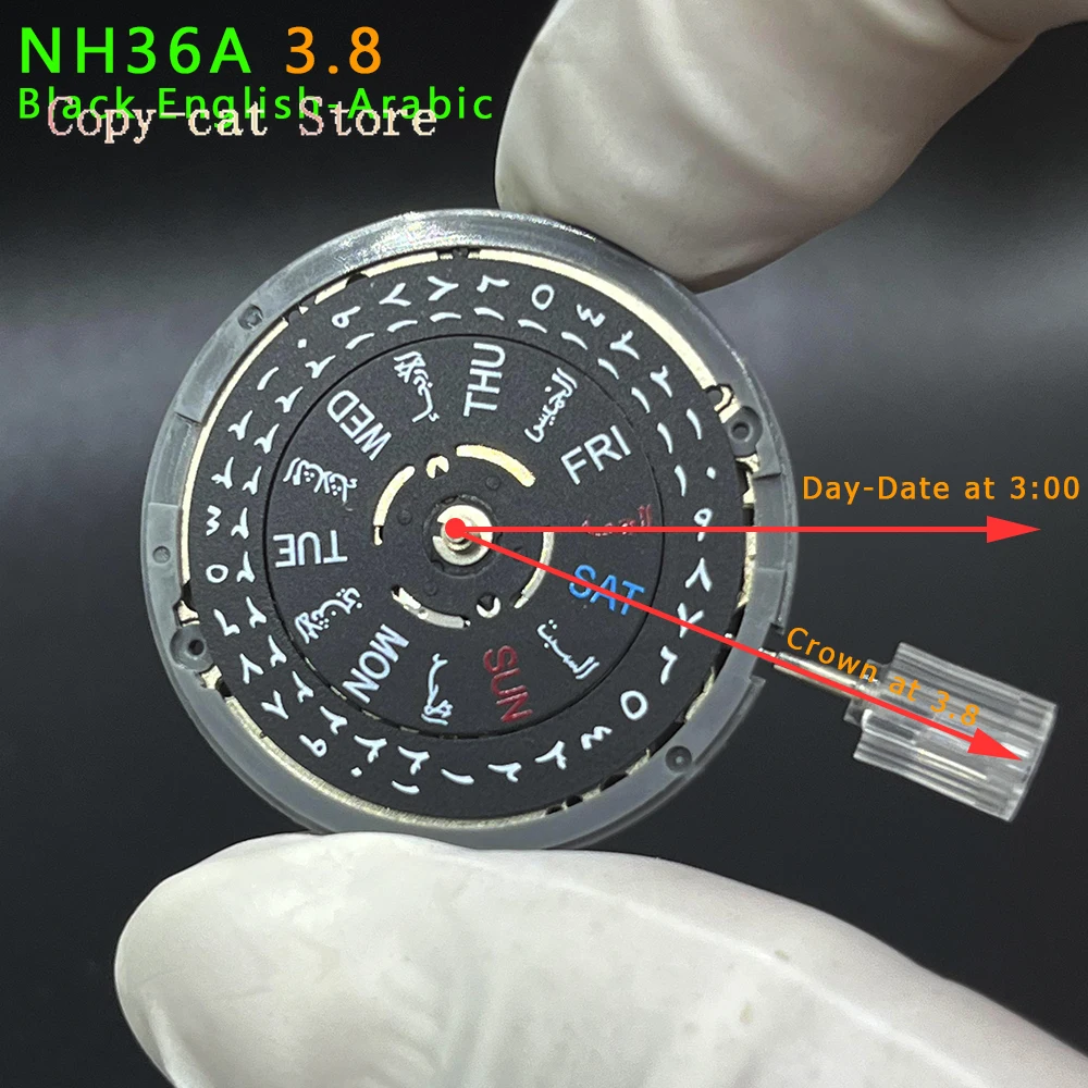 Mod NH36A 아랍어 버전  NH36 자동 기계식 무브먼트 블랙 화이트 Datewheel Crown at 3.0 3.8 O'Clock